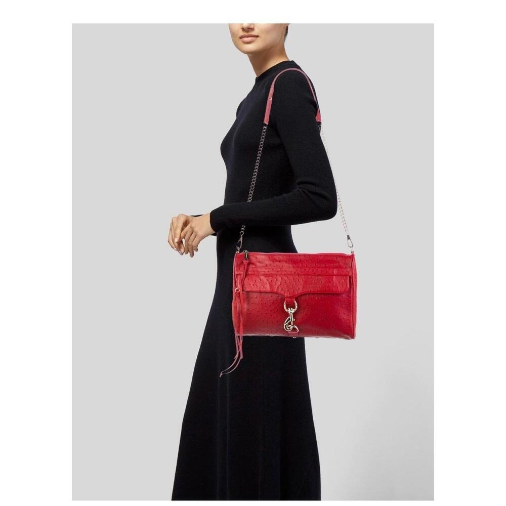 Rebecca Minkoff Red Ostrich Embossed Leather MAB Crossbody Bag Gold Hardware